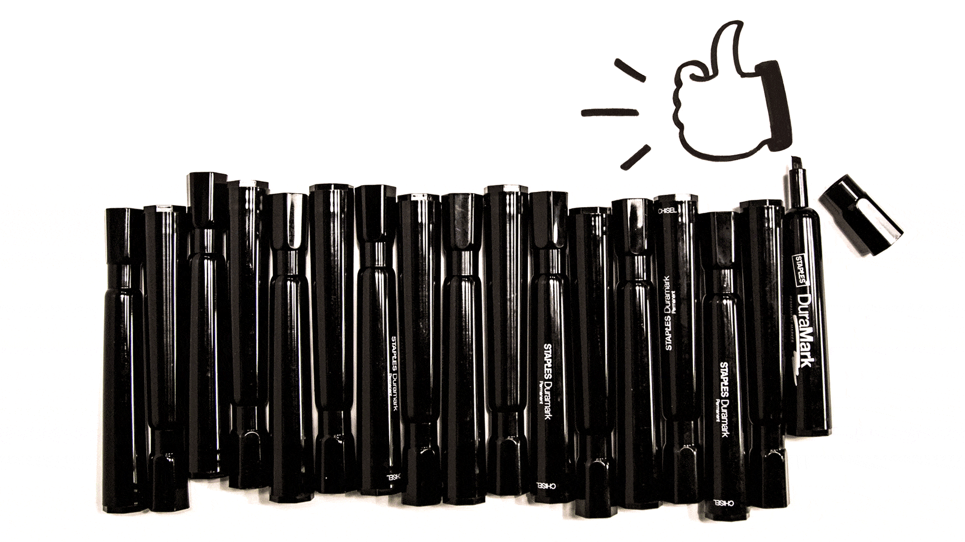A group of black markers lined up with a hand-drawn thumbs-up next to them.