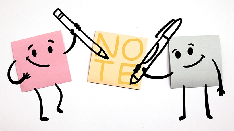 Two sticky notes, one pink and one gray, with cartoon arms and faces holding pens to write the word "NOTE."