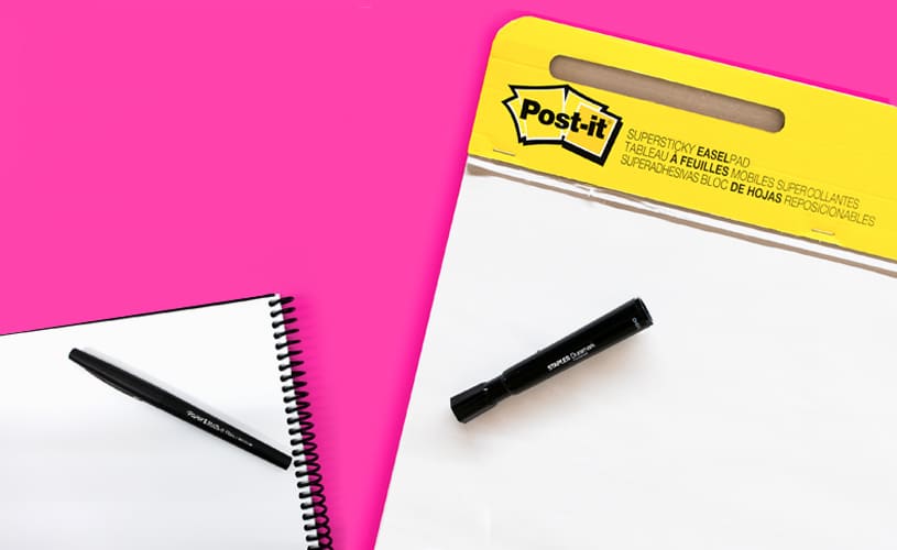 A small pen is matched with a sketchbook, and a large marker is matched with a large piece of paper