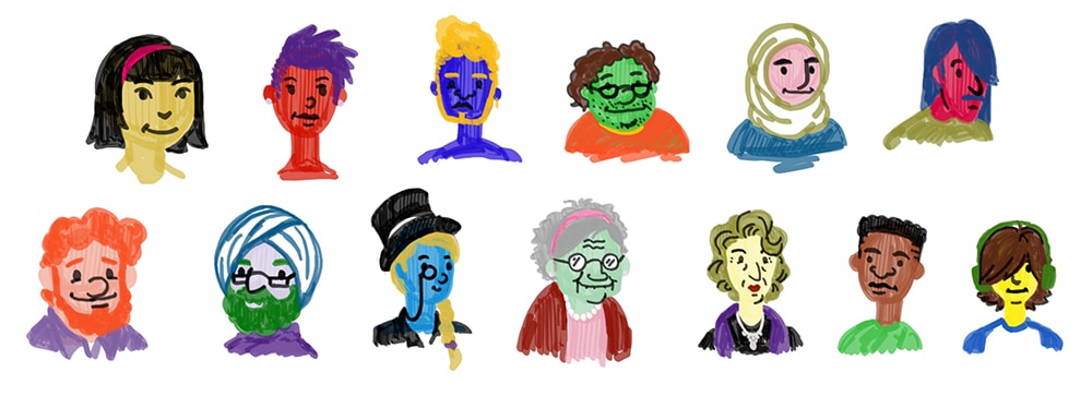 Colorful illustrations of diverse people with unique features and hairstyles.