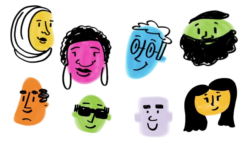A colorful set of hand-drawn faces, each with unique features and vibrant colors representing diverse individuals.