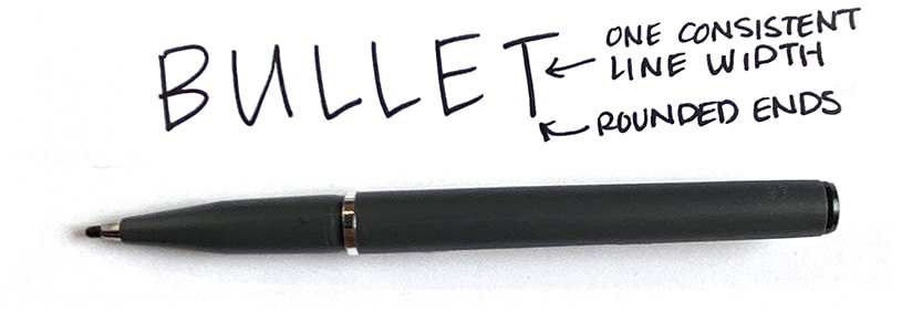 A pen with a labeled illustration explaining bullet points, highlighting 'one consistent line width' and 'rounded ends'.
