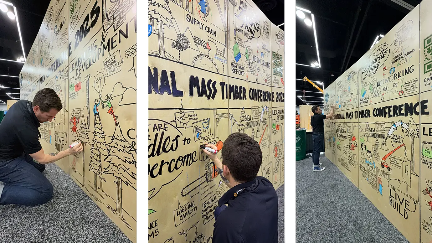 Three photos of an artist drawing a live event activation on a large scale wooden panel