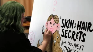 A visual note-taker draws on a board titled "Skin & Hair Secrets"